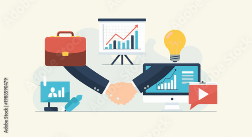 Business deal with handshake, charts, computer, lightbulb, and briefcase icons