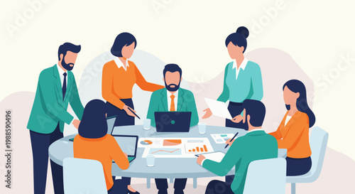 Diverse team collaborates around table, discussing charts and data on laptops