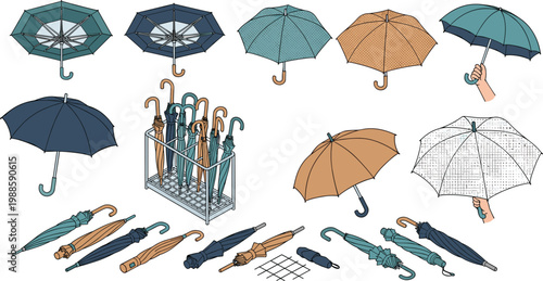 Professional Umbrella and Parasol Illustration Set Featuring Open Closed and Rack Storage Designs for Weather and Fashion Graphic Assets
