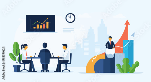 Diverse team collaborates on business growth with data visualization and city backdrop