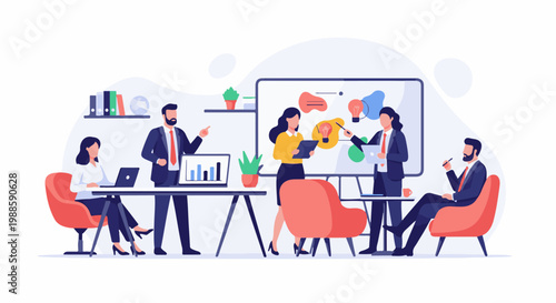 Diverse professionals collaborate in a modern office, presenting ideas on a whiteboard