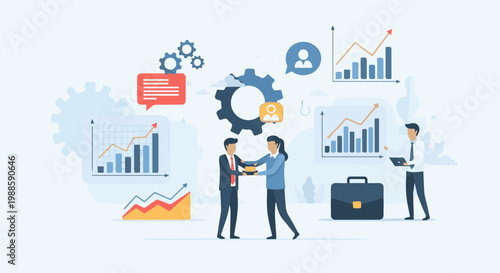 Business professionals collaborate on growth charts and strategy with gears symbolizing workflow and analysis