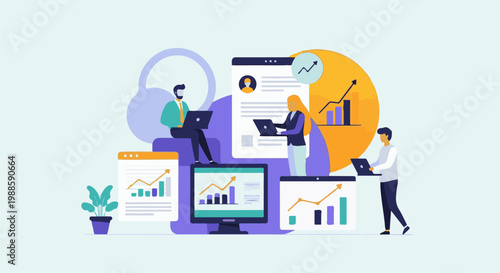Diverse team collaborates on data analysis, presenting growth trends with charts