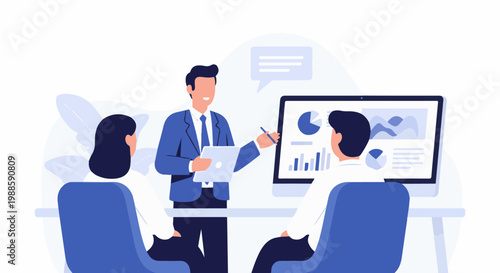Team meeting discussing charts and graphs presented on a computer