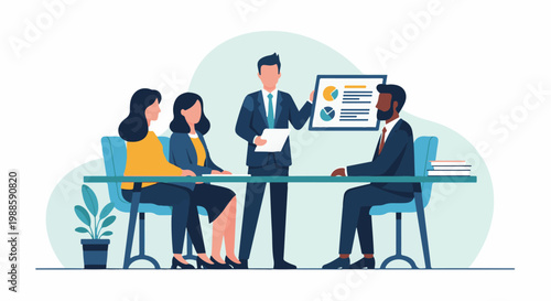 Professionals in a meeting, presenter showing a chart to the team