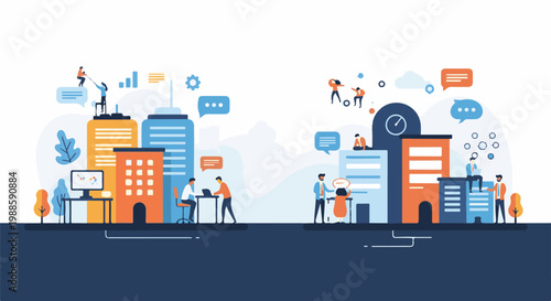 Stylized city scene with tiny figures interacting amid buildings and communication bubbles