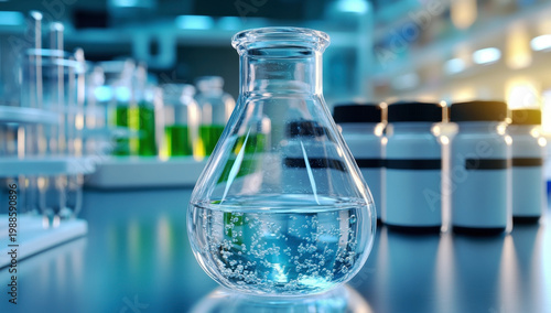 A glass flask filled with bubbling liquid sits in a modern laboratory setting, surrounded by other glassware and containers