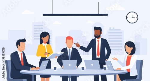 Diverse professionals collaborate in a modern office with city skyline backdrop and digital tools