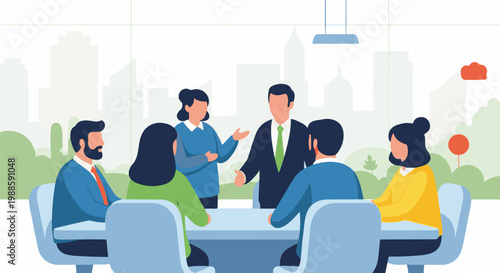 Diverse team collaborates during a meeting in a bright, modern office with city views