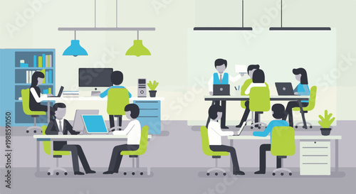 Office workers collaborate at desks and in a meeting room