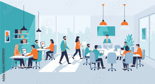 Diverse individuals collaborating in a modern, brightly lit office environment