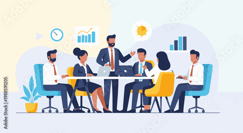 Diverse professionals in a modern office collaborate around a table with data visuals