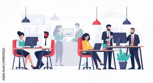 Diverse group of professionals collaborating and working in a modern office setting