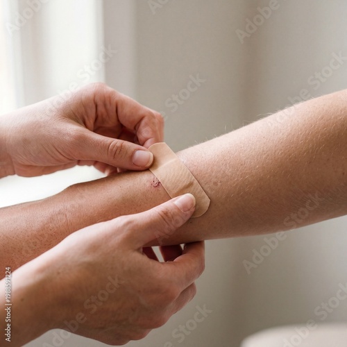 Person applying a bandage on arm with care in a warm environment