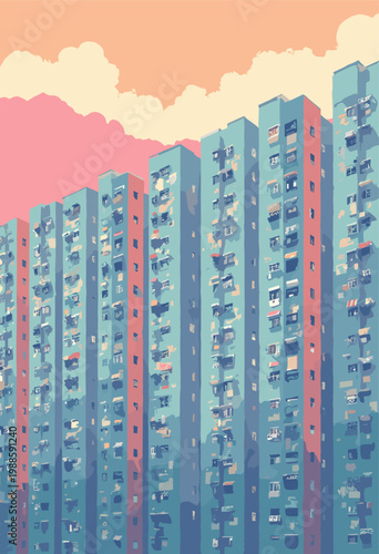 Hong Kong stylized public housing estate like Choi Hung dense, repetitive grid identical square windows rendered muted, flat pastel colors Extreme symmetry scale Open space text No text