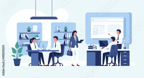 Professionals collaborate in a modern office setting, working on computers and discussing projects