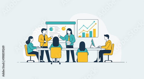 Business meeting with data presentation and collaboration