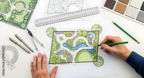 Creative Landscape Design Process with Hands Drawing a Garden Plan on Paper