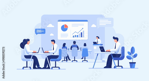 People collaborate in a modern office, presenting data on a screen and working on laptops