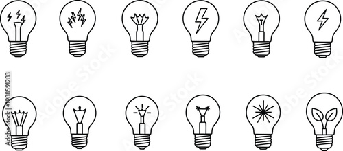 Collection of hand drawn light bulbs with various filament designs