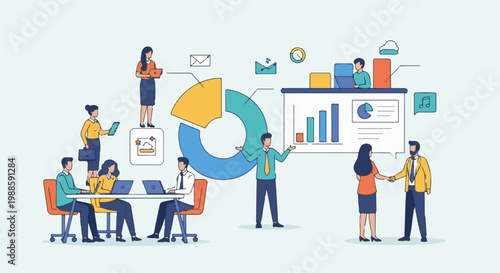 Diverse professionals collaborate on strategy, analyze data, and celebrate achievements together