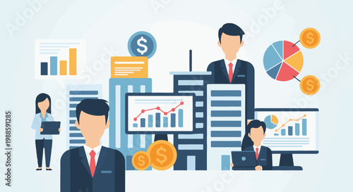Business professionals analyze financial charts and graphs, surrounded by abstract office buildings and currency