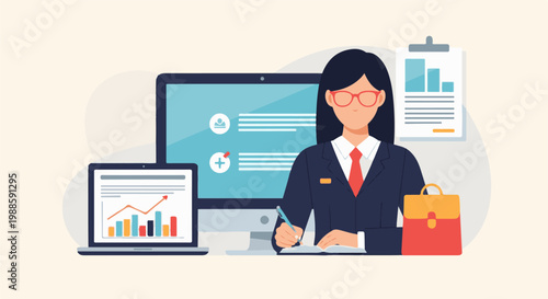 Professional woman working at desk with computer, laptop, charts, and briefcase