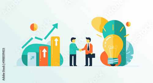 Business partners shake hands amid growth charts and a bright idea lightbulb