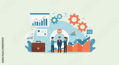 Three professionals shake hands amidst business analytics and data visualization elements