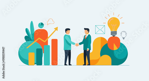 Two businessmen shaking hands, surrounded by business graphics like charts and a lightbulb