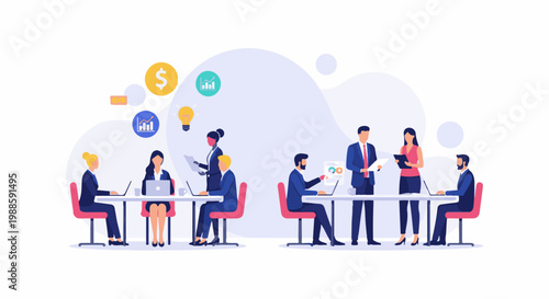 Diverse professionals collaborate at desks, discussing charts, ideas, and financial goals