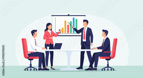 Team presenting financial data in a modern conference room