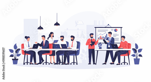 Diverse professionals collaborate in a modern office, presenting data and ideas on laptops