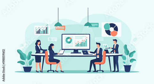 Business professionals collaborate around a table with data charts on screens, discussing reports and strategies