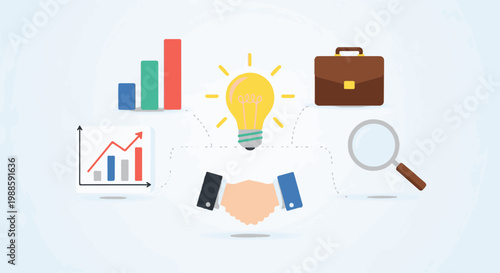 Business concept with handshake, idea bulb, charts, briefcase, and magnifying glass