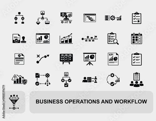 Business operations and workflow icon set with analytics checklist policy approval planning and process management for business operations and workflow