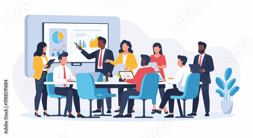 Diverse team brainstorms with charts and data on presentation screen