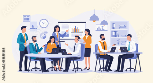 A diverse team collaborates in a modern office, analyzing charts on a presentation screen