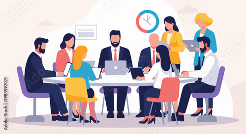 Diverse business people collaborating around a table with laptops and tablets