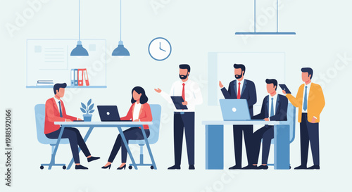 Colleagues collaborating in a modern office, discussing projects and using technology