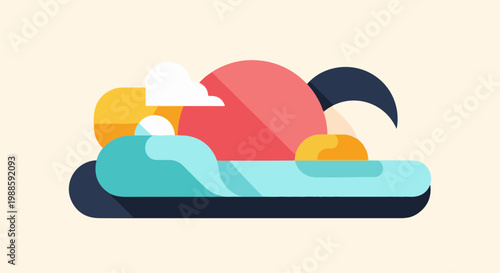 Stylized abstract depiction of a serene seascape at sunset with rounded shapes