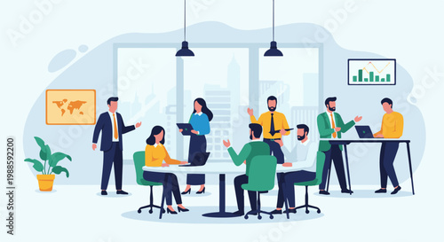 Business meeting with diverse professionals collaborating in a modern office setting