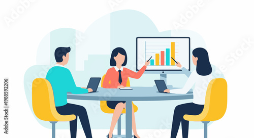 Business meeting with a presentation of bar graph data on a computer screen