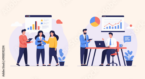 Professionals collaborate on business reports with charts, graphs, and devices