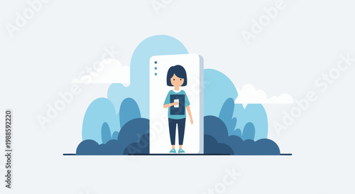 Stylized person holding a phone in front of blue abstract shapes and clouds