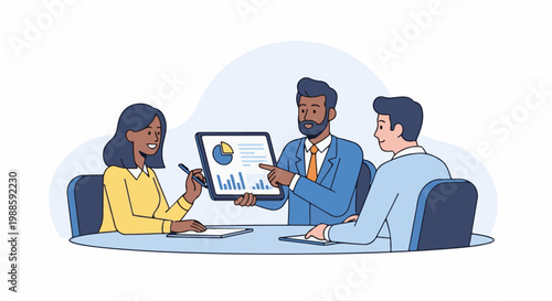 Diverse professionals collaborate at a table, analyzing charts on a tablet for business growth