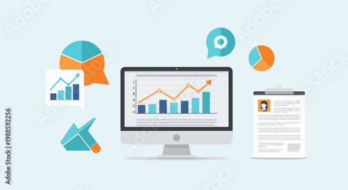 Digital data analysis with charts, graphs, and a resume on a clipboard