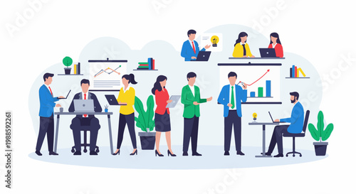 Diverse professionals collaborate in a modern office setting with charts and laptops