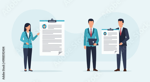 Business professionals present resumes and documents with digital device