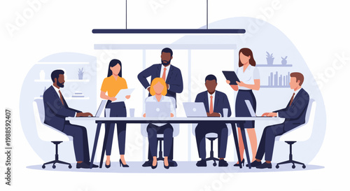 Diverse professionals collaborate in a modern office meeting, presenting ideas and working on laptops